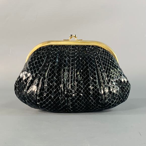 Vintage Black Gold Tone Snakeskin Leather Kiss Lock Evening Handbag - Picture 1 of 10